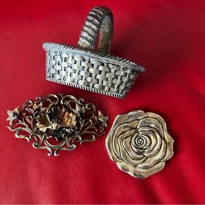 Art Nouveau Style Vintage Metal Decorative Lot - Basket Dish, Belt Buckle, Rose